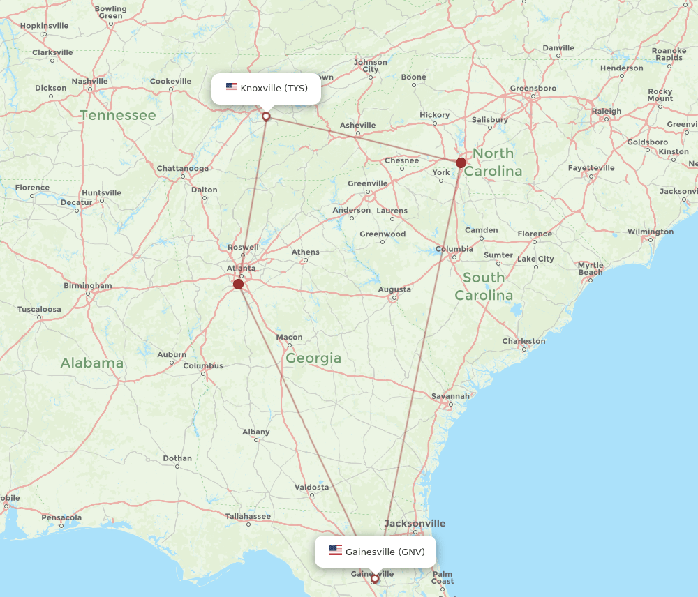 GNV to TYS flights and routes map