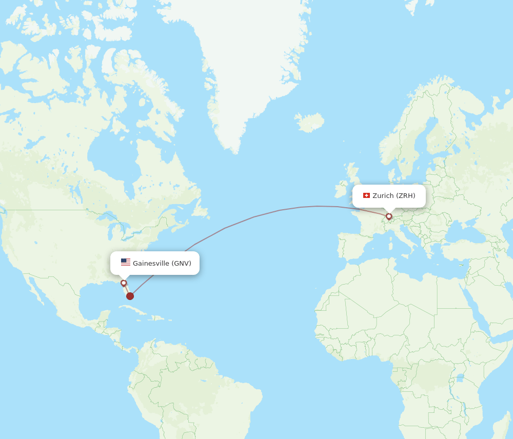 Zurich - Gainesville route map and flight paths
