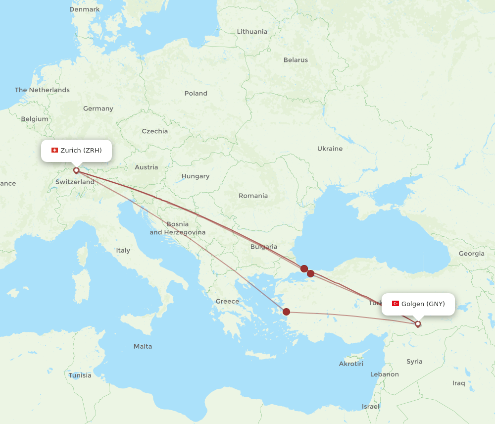 ZRH to GNY flights and routes map