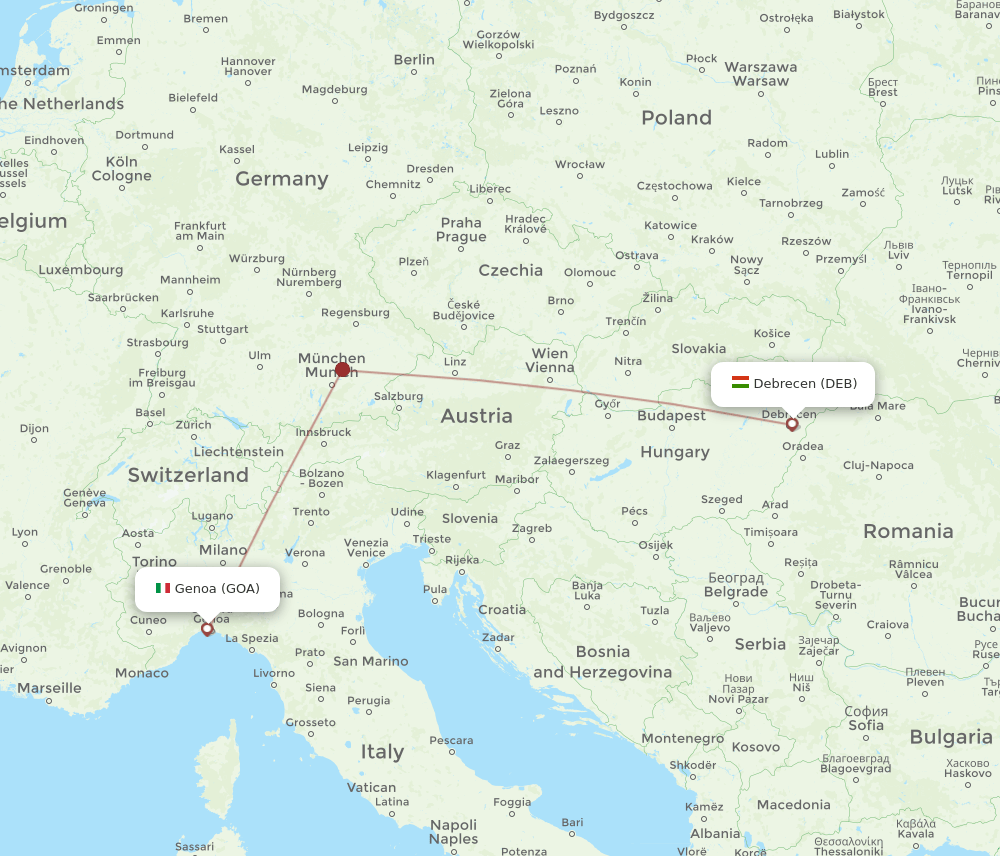 Debrecen - Genoa route map and flight paths
