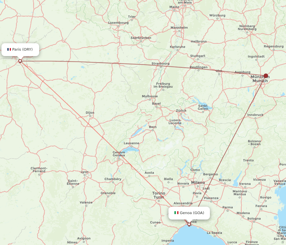 Genoa - Paris route map and flight paths