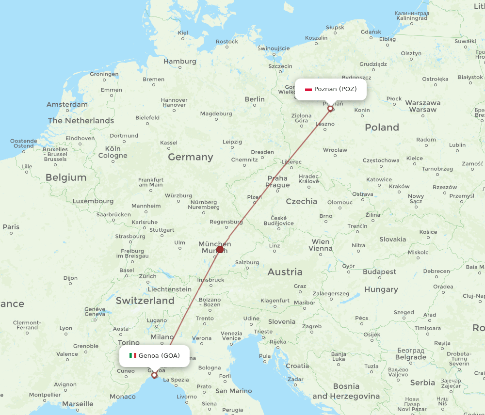 GOA to POZ flights and routes map