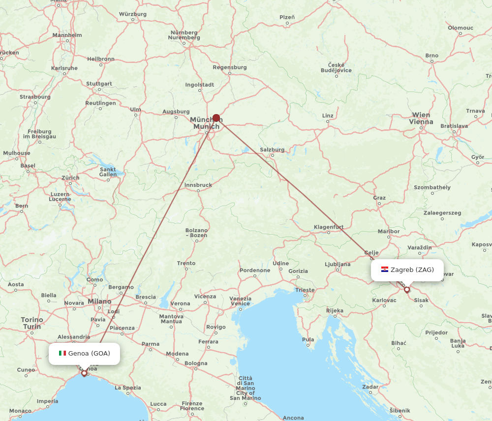Zagreb - Genoa route map and flight paths
