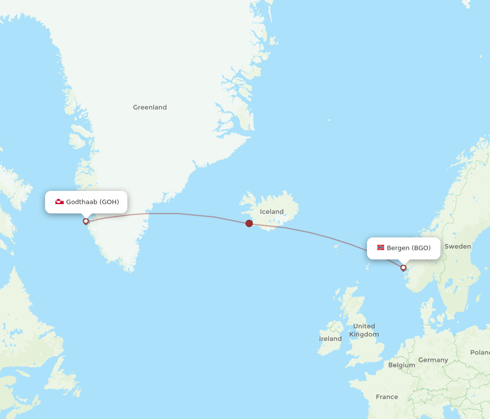 Bergen - Nuuk route map and flight paths