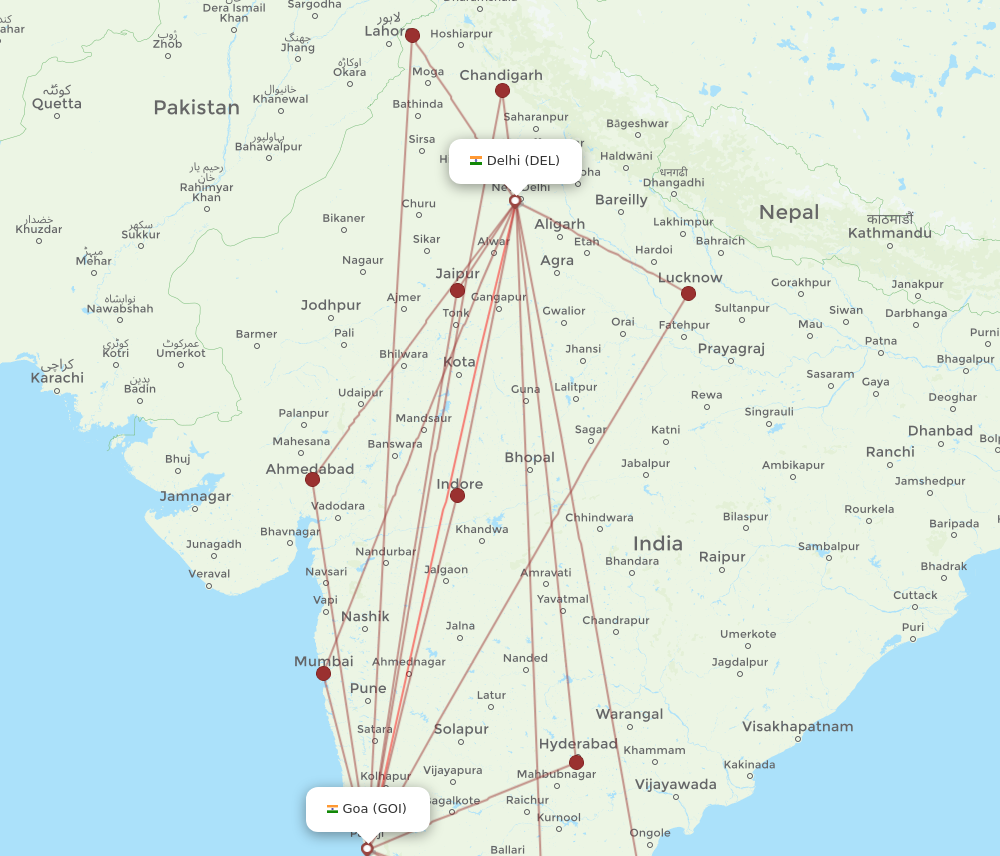GOI to DEL flights and routes map