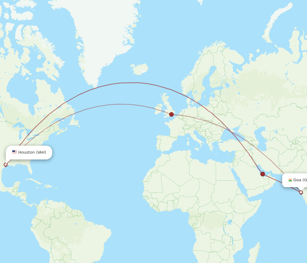 Goa - Houston route map and flight paths