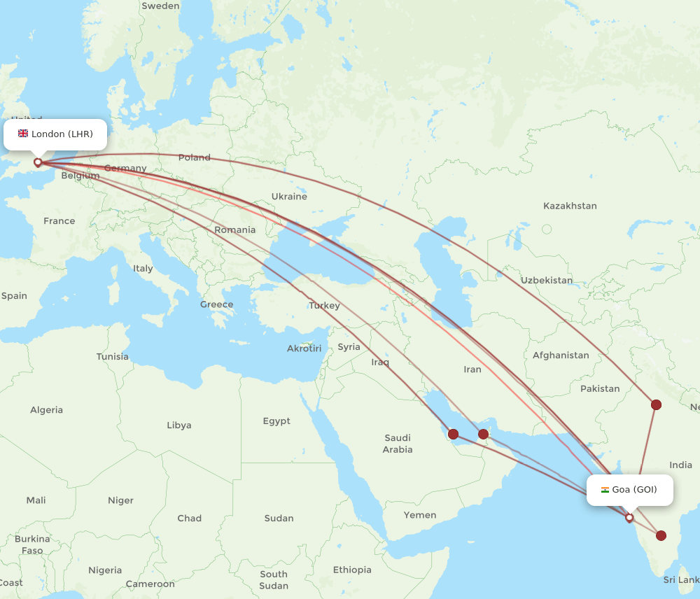 GOI to LHR flights and routes map