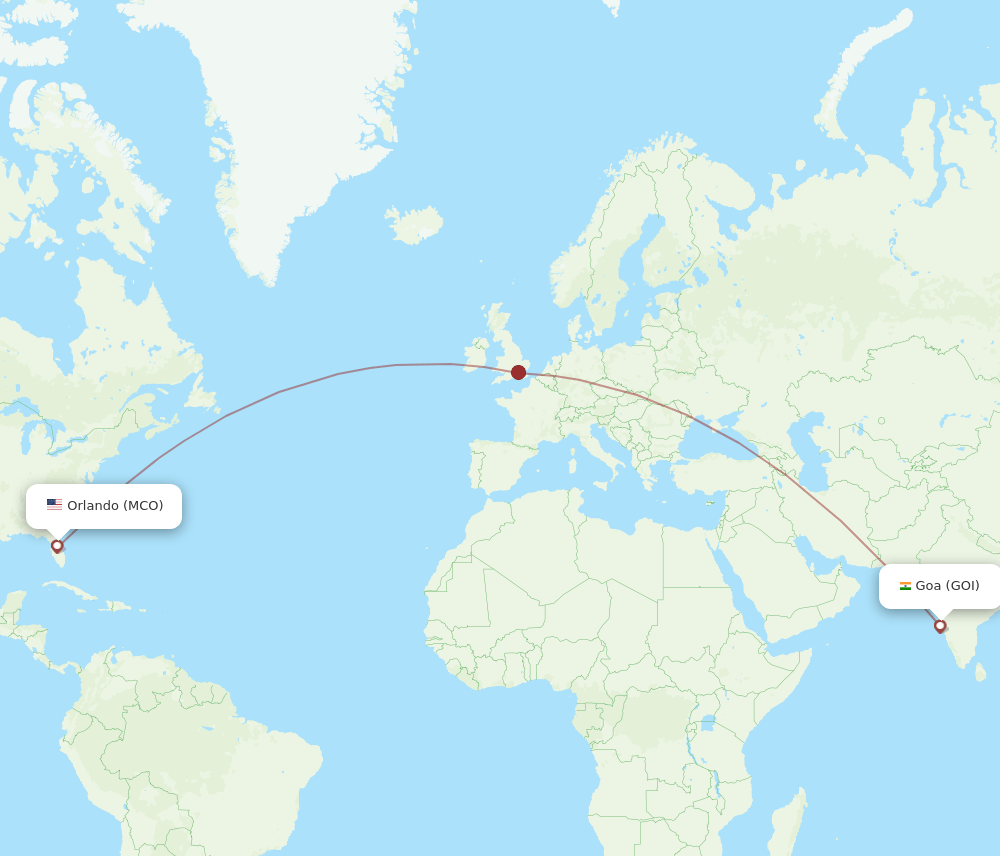 Goa - Orlando route map and flight paths