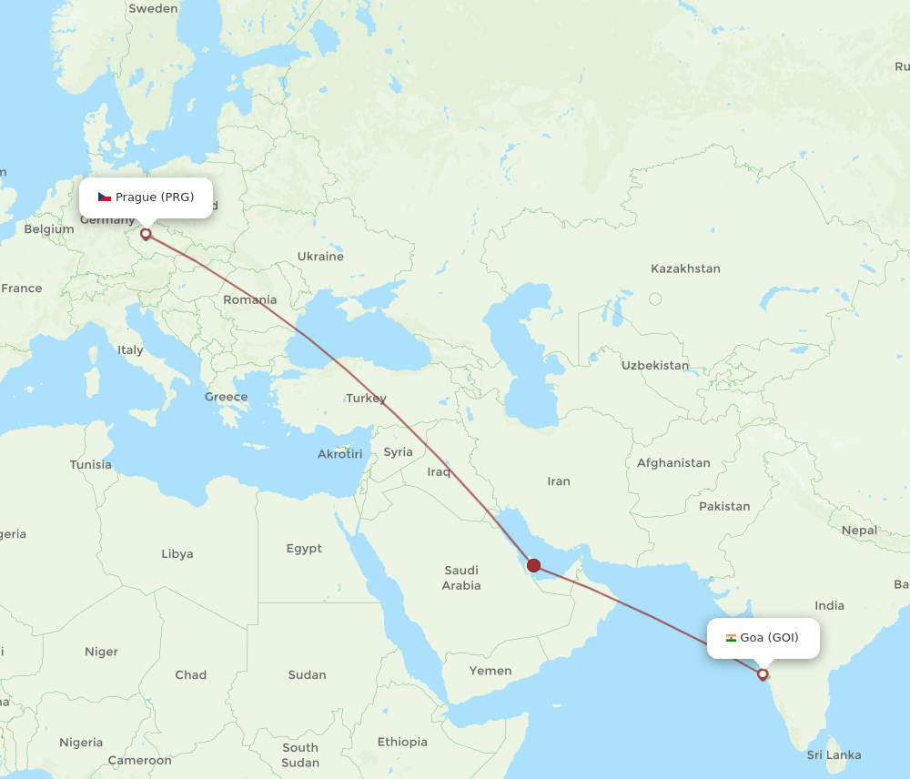Goa - Prague route map and flight paths
