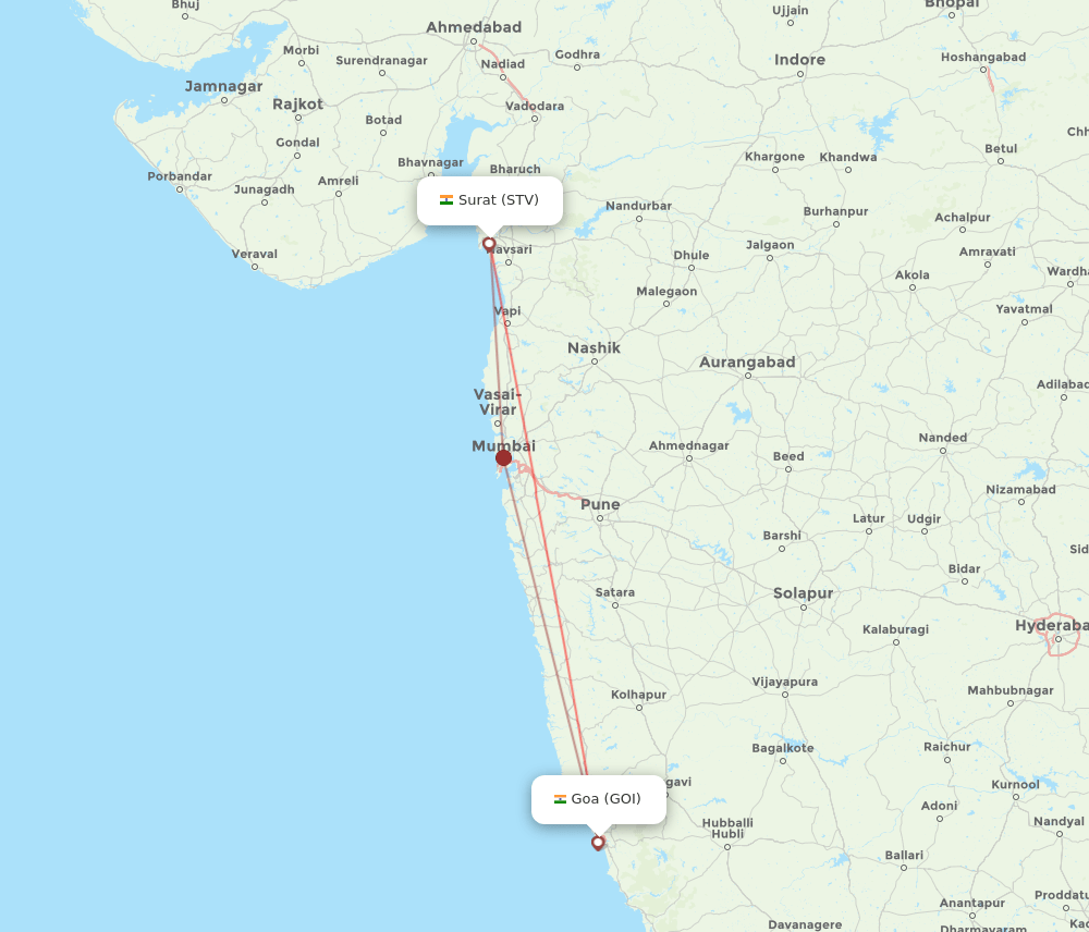 Goa - Surat Gujarat route map and flight paths