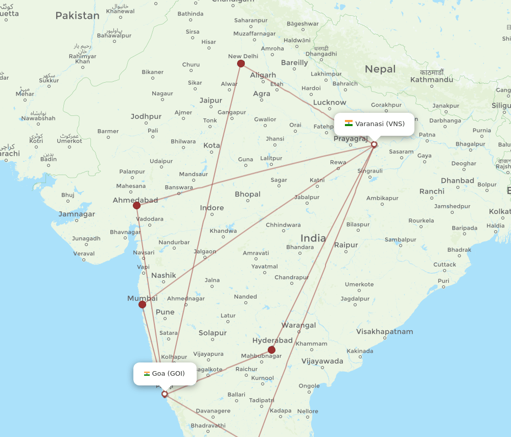 GOI to VNS flights and routes map