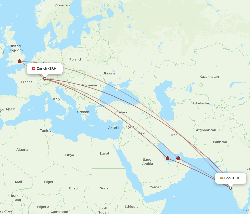 ZRH to GOI flights and routes map