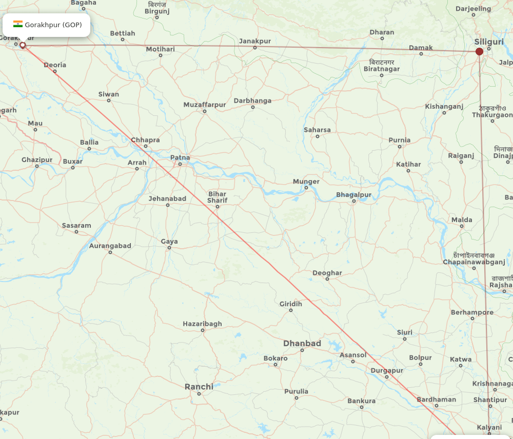 Gorakhpur - Kolkata route map and flight paths