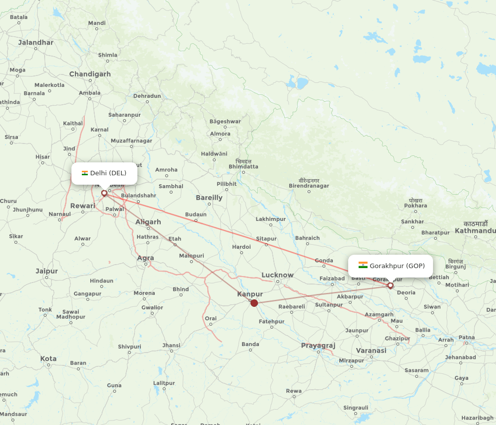 Gorakhpur - Delhi route map and flight paths