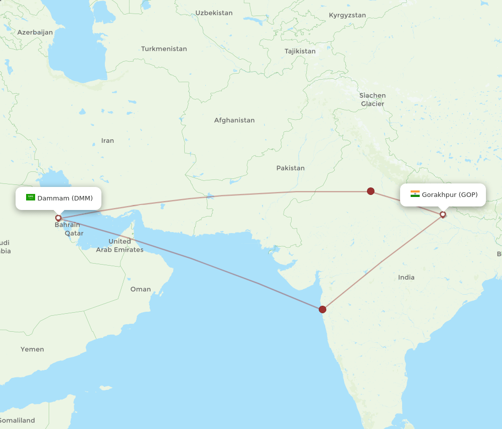 GOP to DMM flights and routes map