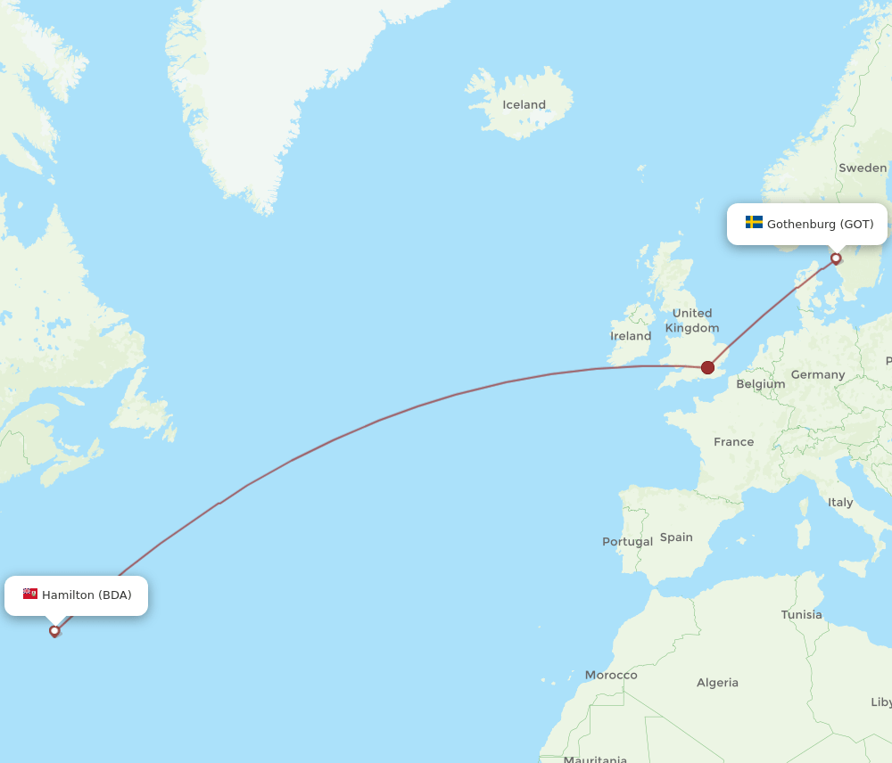 GOT to BDA flights and routes map