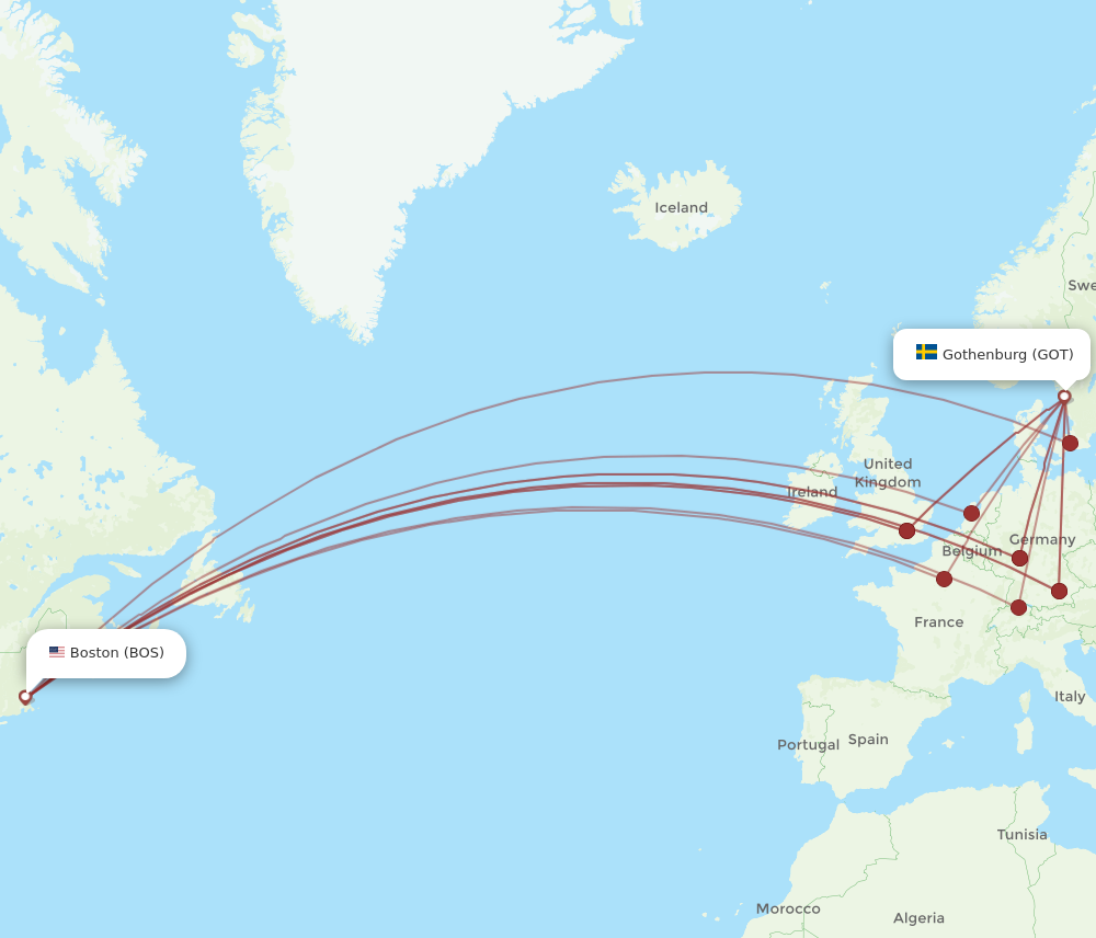 GOT to BOS flights and routes map