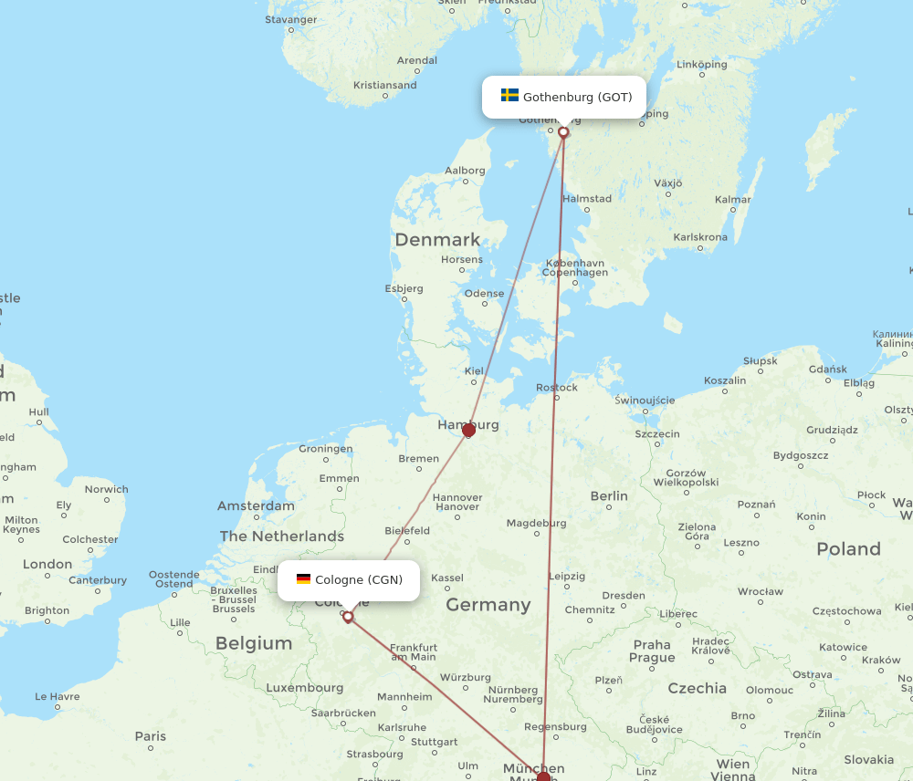 GOT to CGN flights and routes map