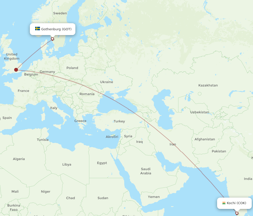 Gothenburg - Kochi route map and flight paths