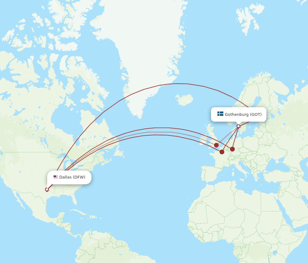 GOT to DFW flights and routes map