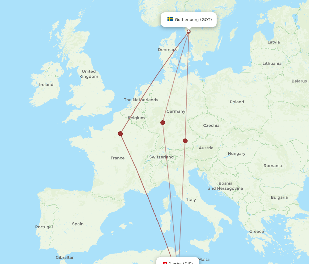 GOT to DJE flights and routes map