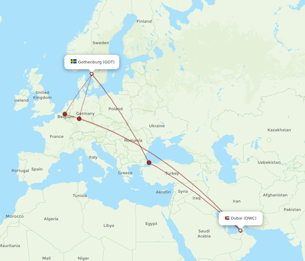 GOT to DWC flights and routes map
