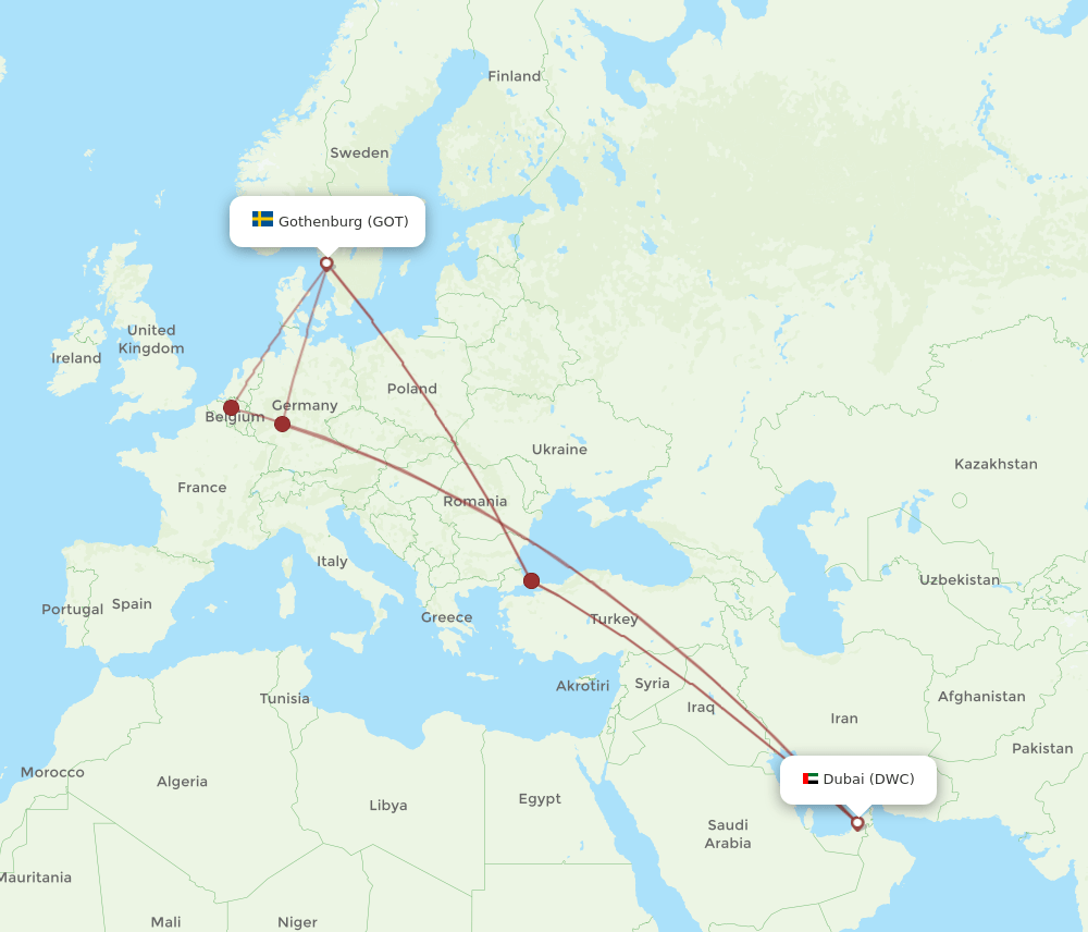 Gothenburg - Dubai route map and flight paths