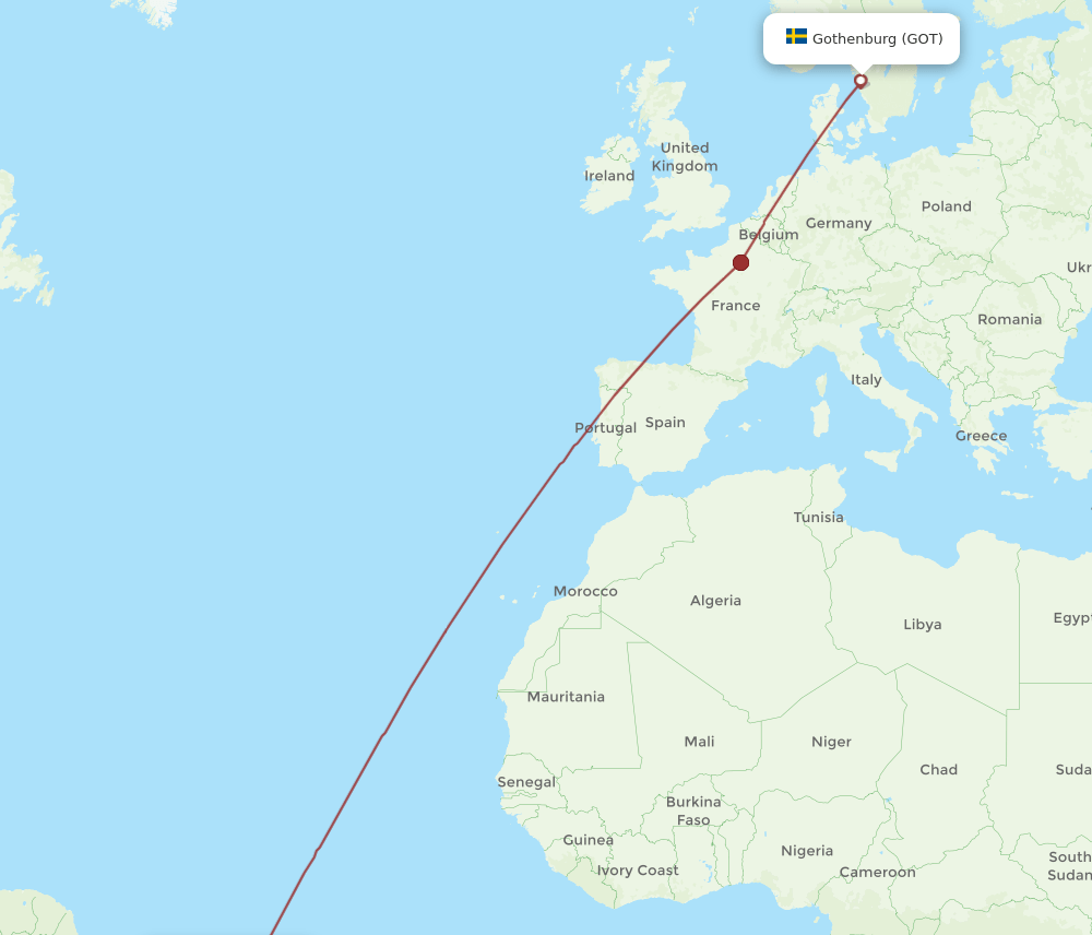 Fortaleza - Gothenburg route map and flight paths