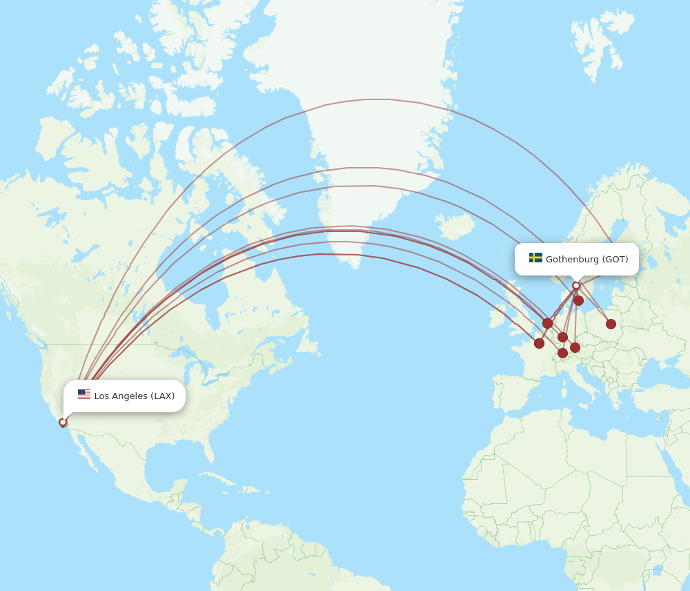 GOT to LAX flights and routes map