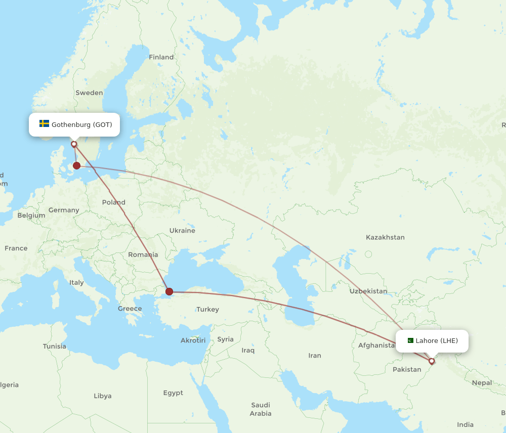 GOT to LHE flights and routes map
