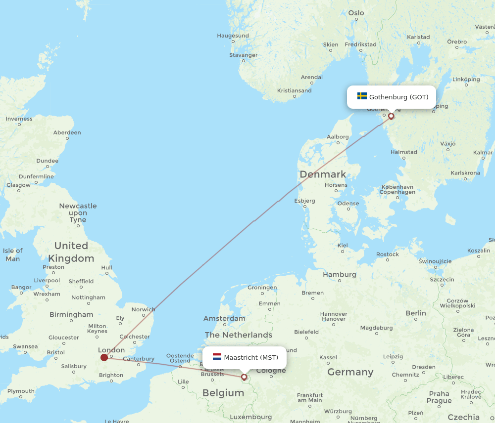 Gothenburg - Maastricht route map and flight paths