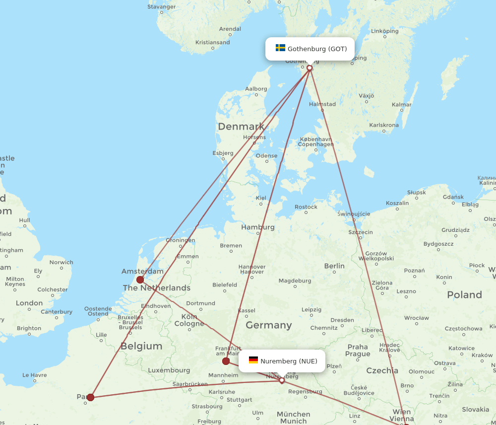 GOT to NUE flights and routes map