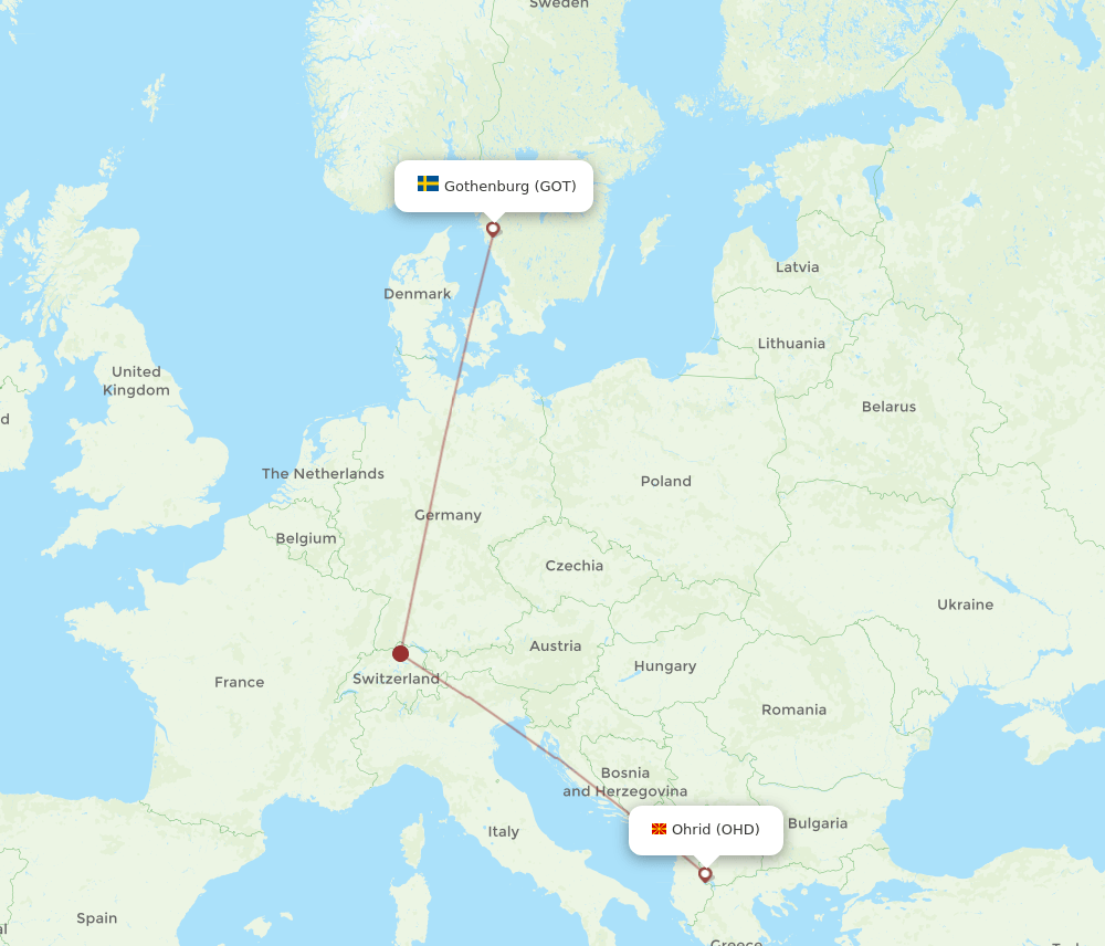Ohrid - Gothenburg route map and flight paths