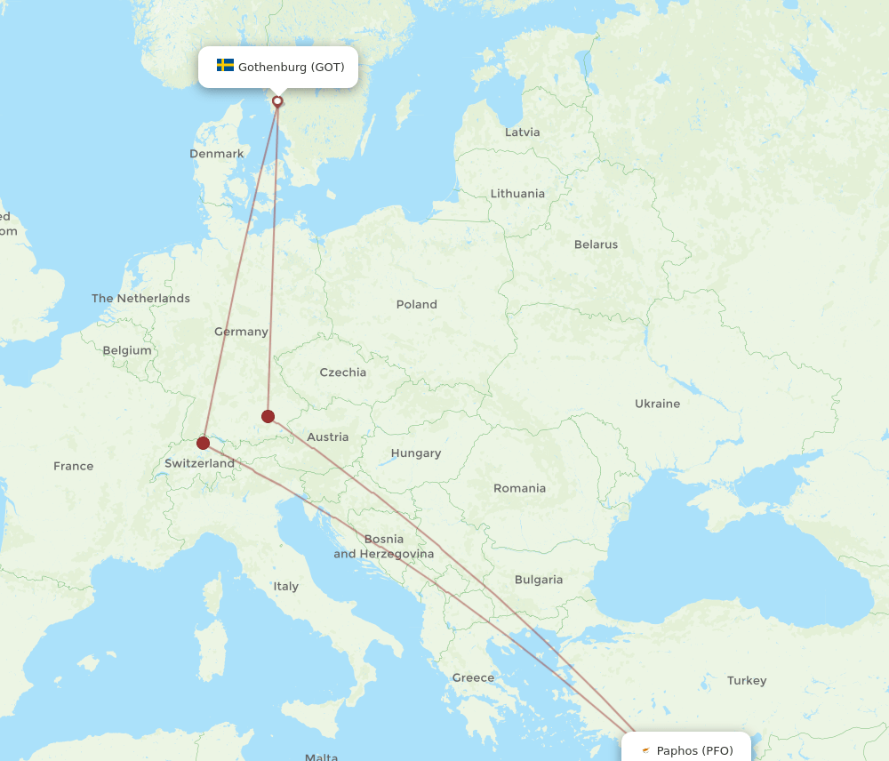 Paphos - Gothenburg route map and flight paths