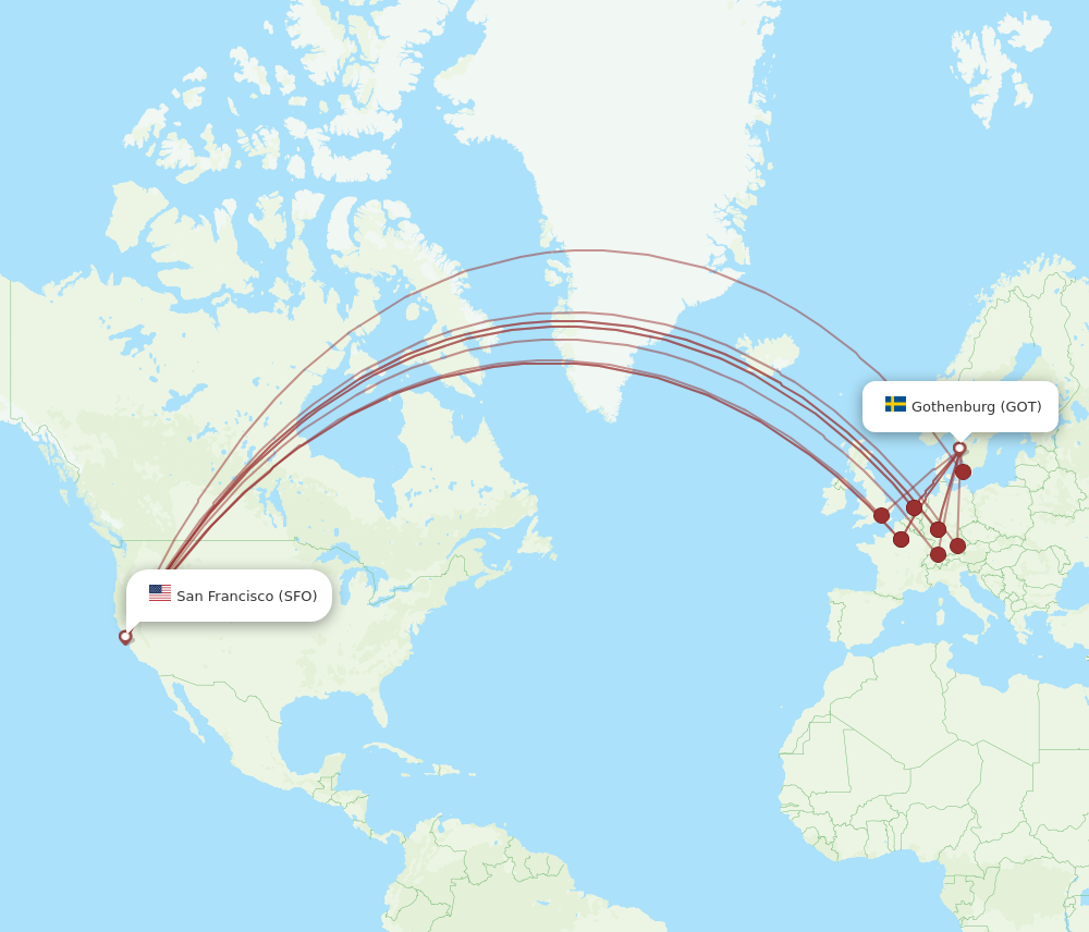 GOT to SFO flights and routes map
