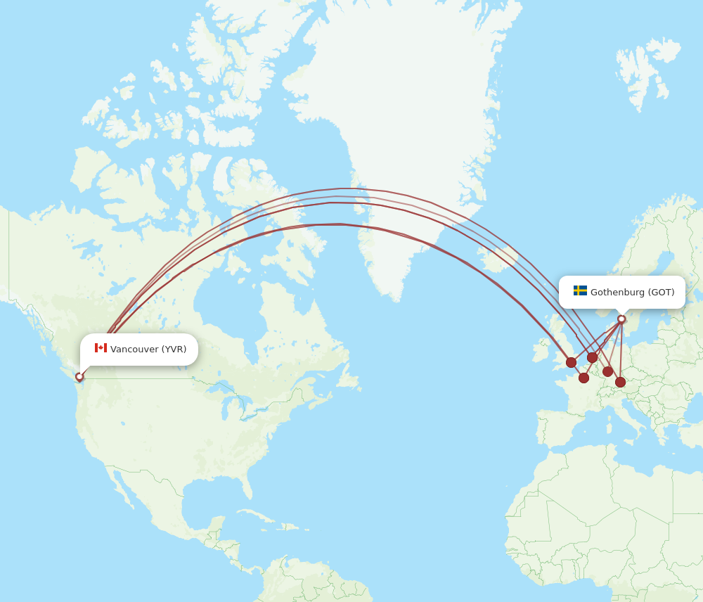 YVR to GOT flights and routes map