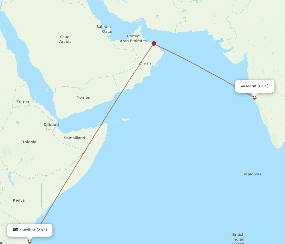 Zanzibar - Goa route map and flight paths