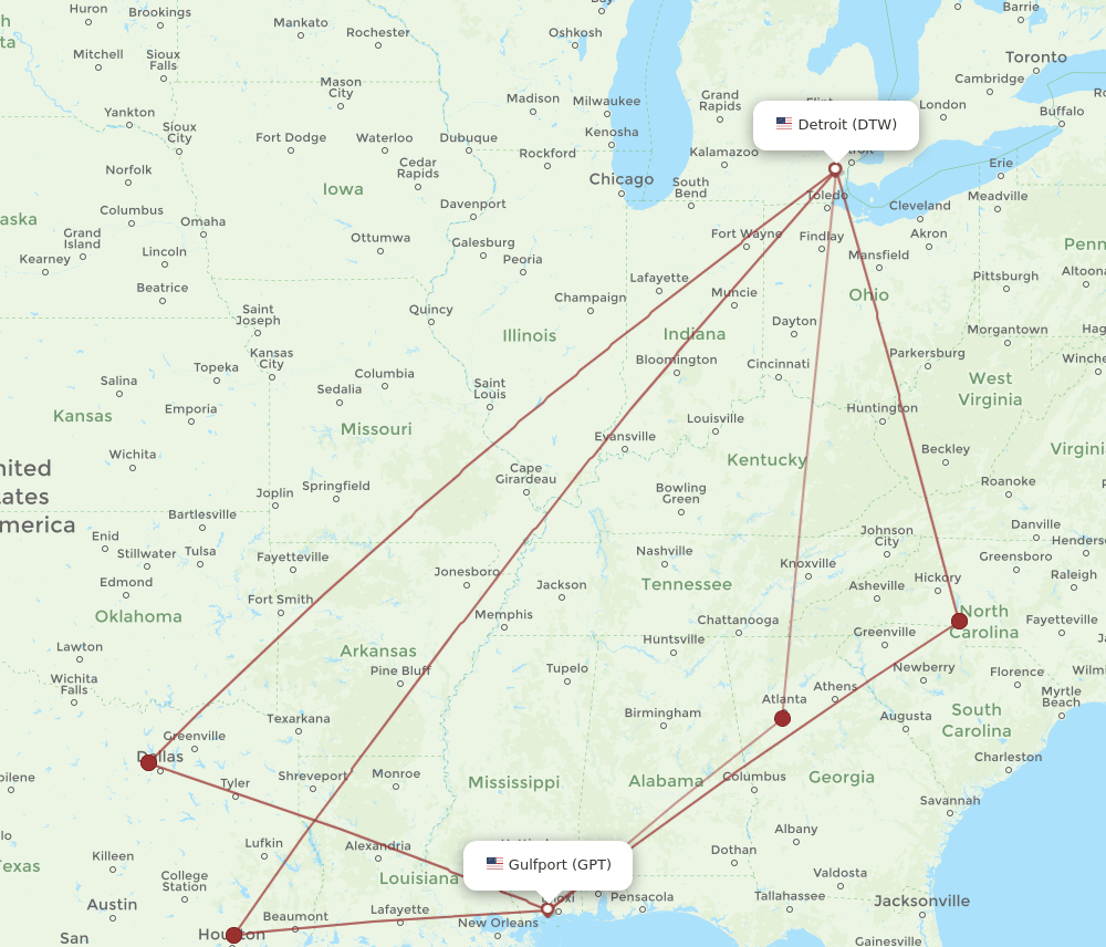 GPT to DTW flights and routes map