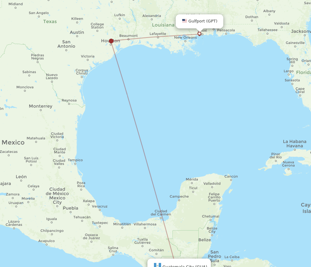 GPT to GUA flights and routes map