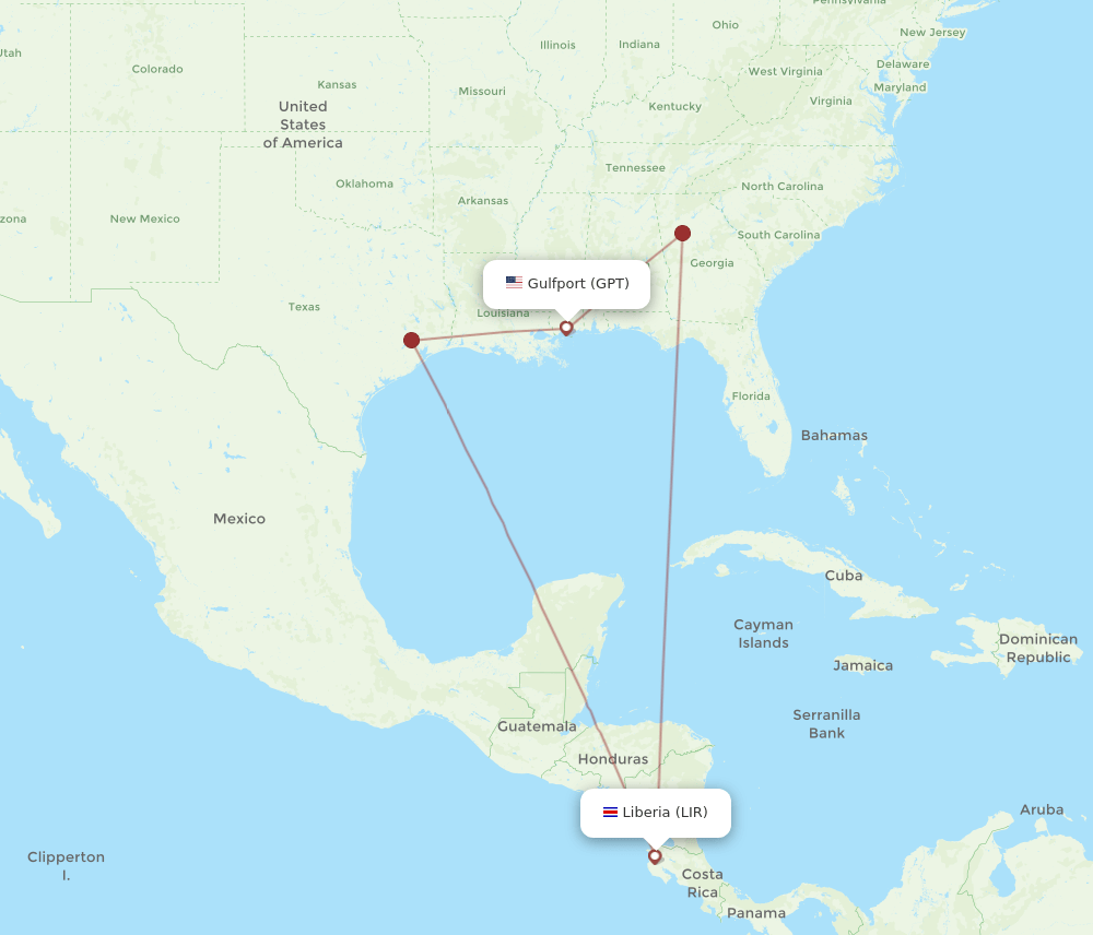 GPT to LIR flights and routes map