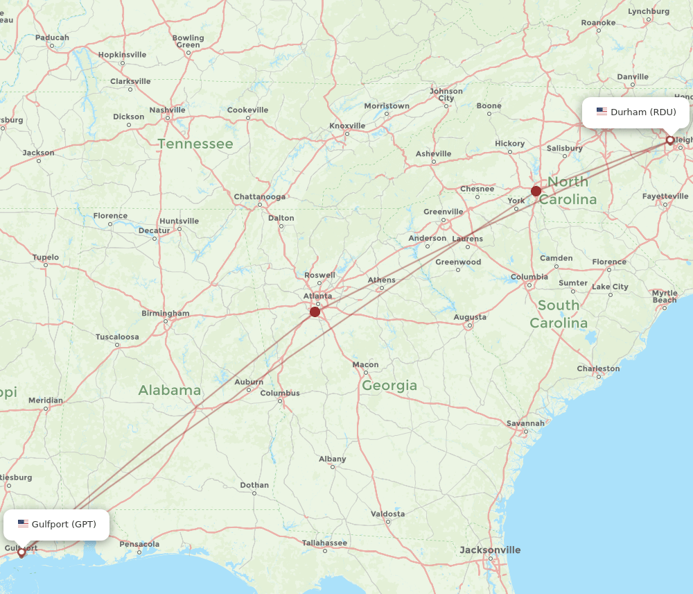 GPT to RDU flights and routes map