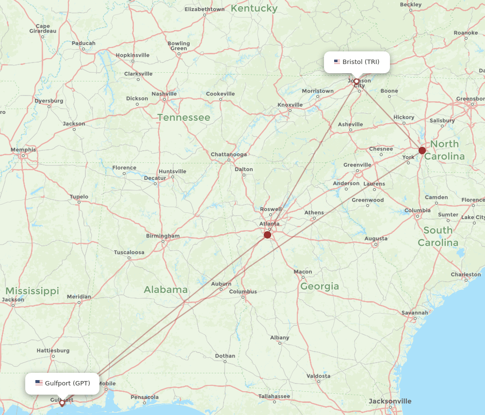 GPT to TRI flights and routes map