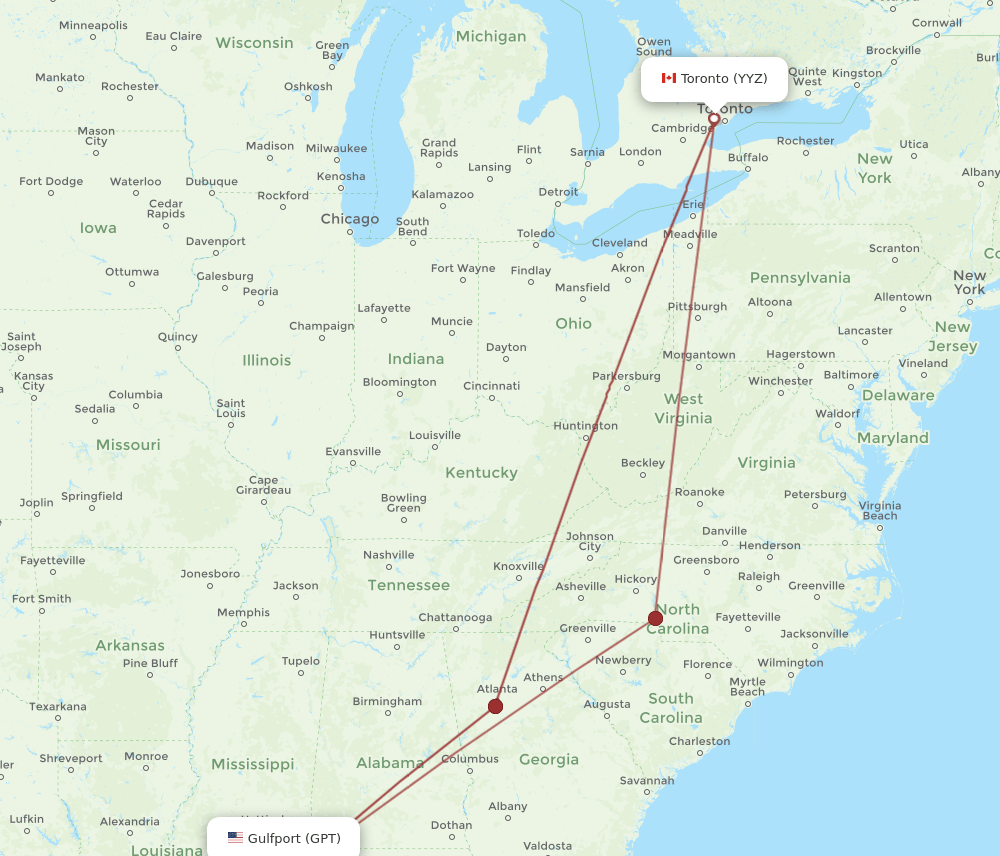 Toronto - Gulfport route map and flight paths