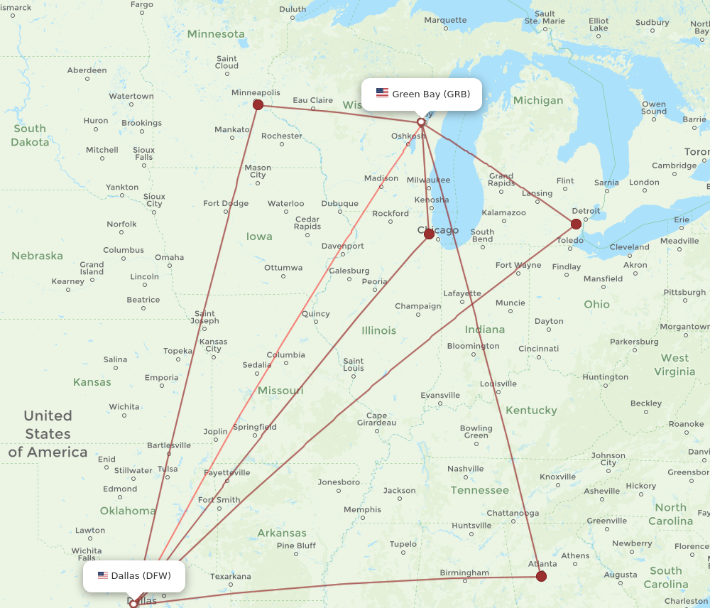 GRB to DFW flights and routes map