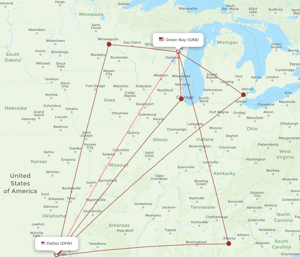 GRB-DFW flight routes