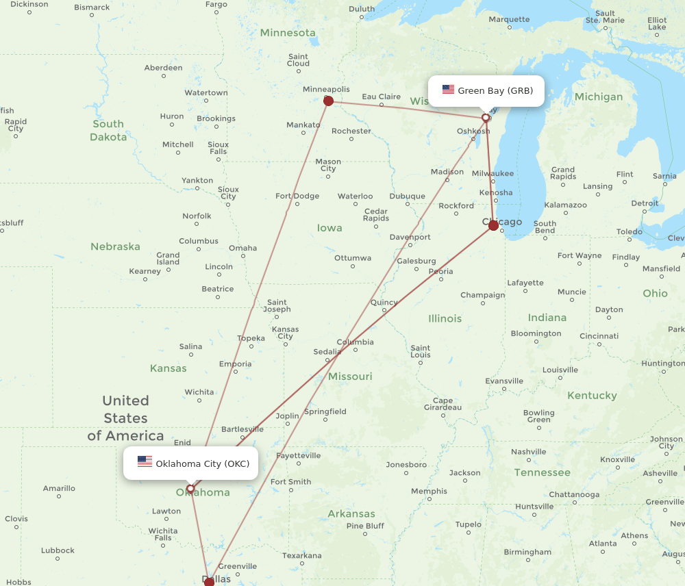 GRB-OKC flight routes