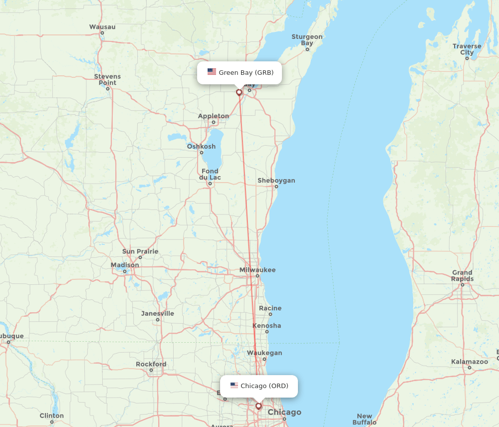 Green Bay - Chicago route map and flight paths