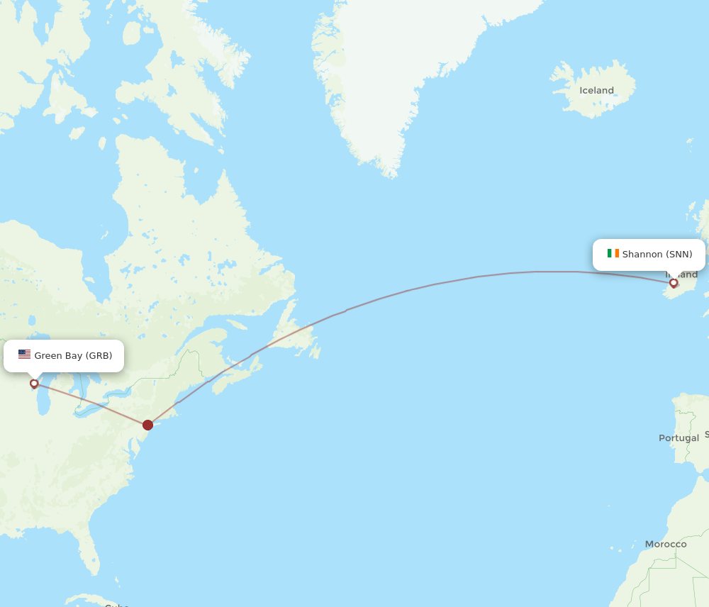 Shannon - Green Bay route map and flight paths