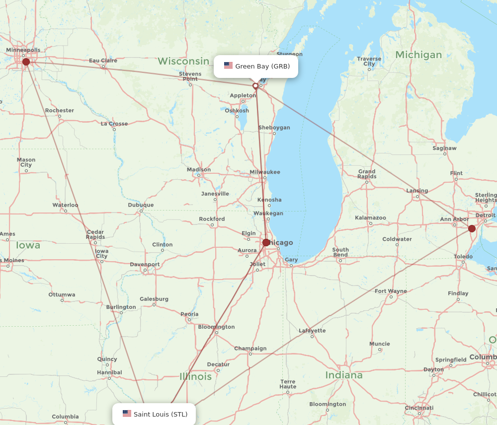GRB to STL flights and routes map