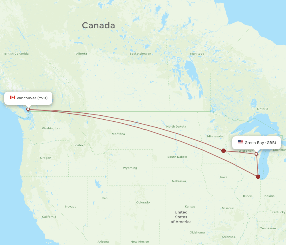 Vancouver - Green Bay route map and flight paths
